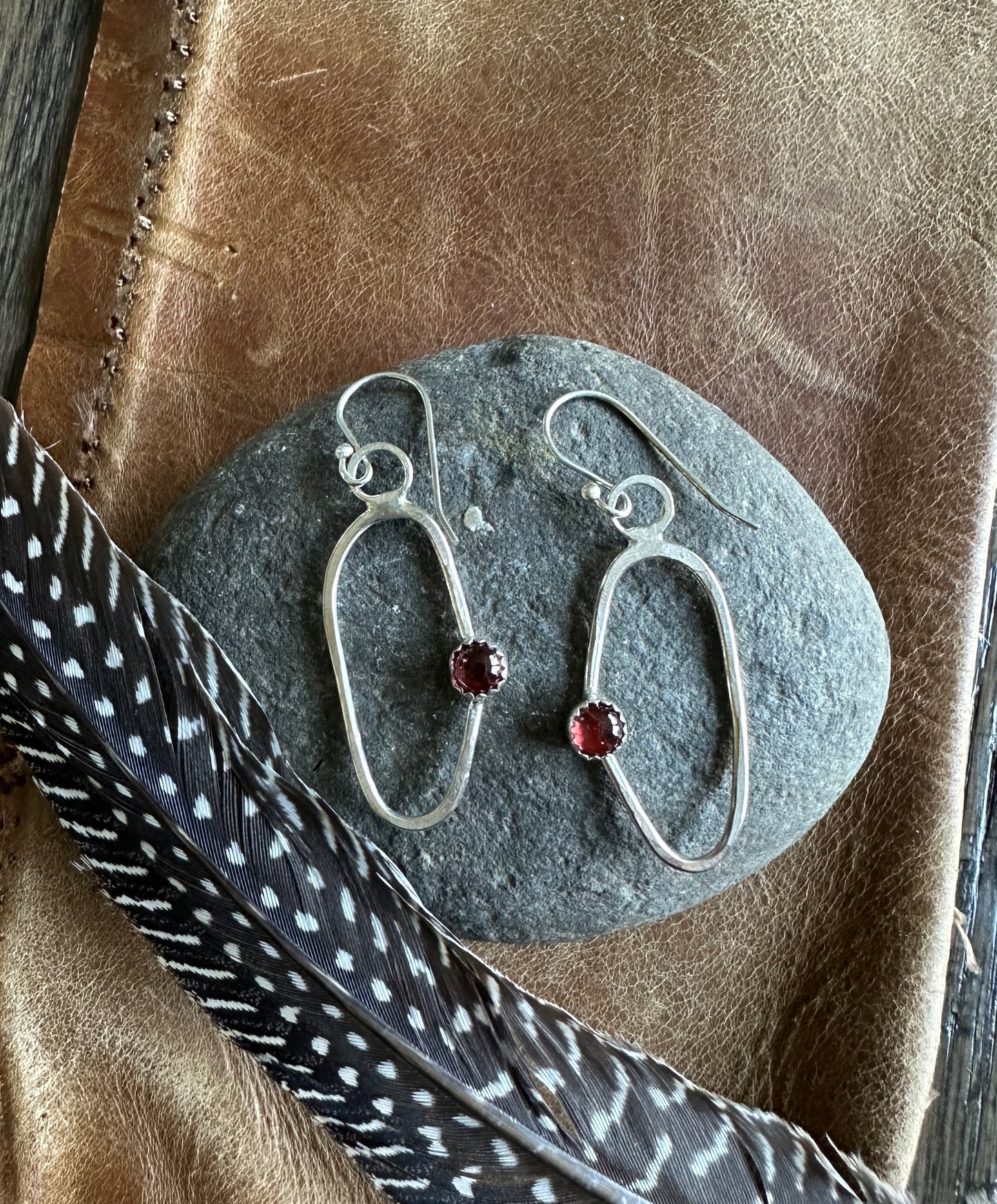 Organic Oval Earrings with Garnet Stones