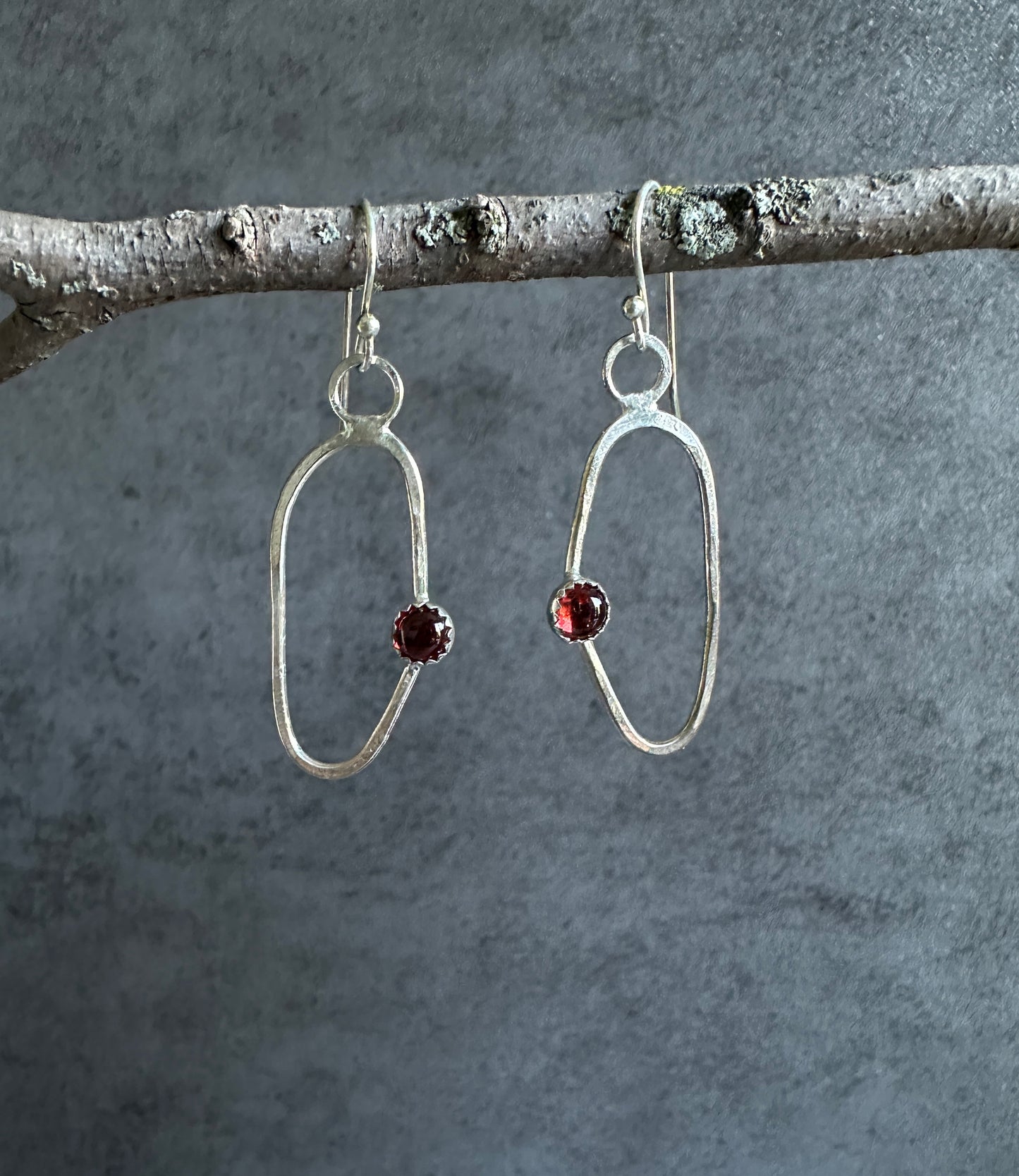 Organic Oval Earrings with Garnet Stones