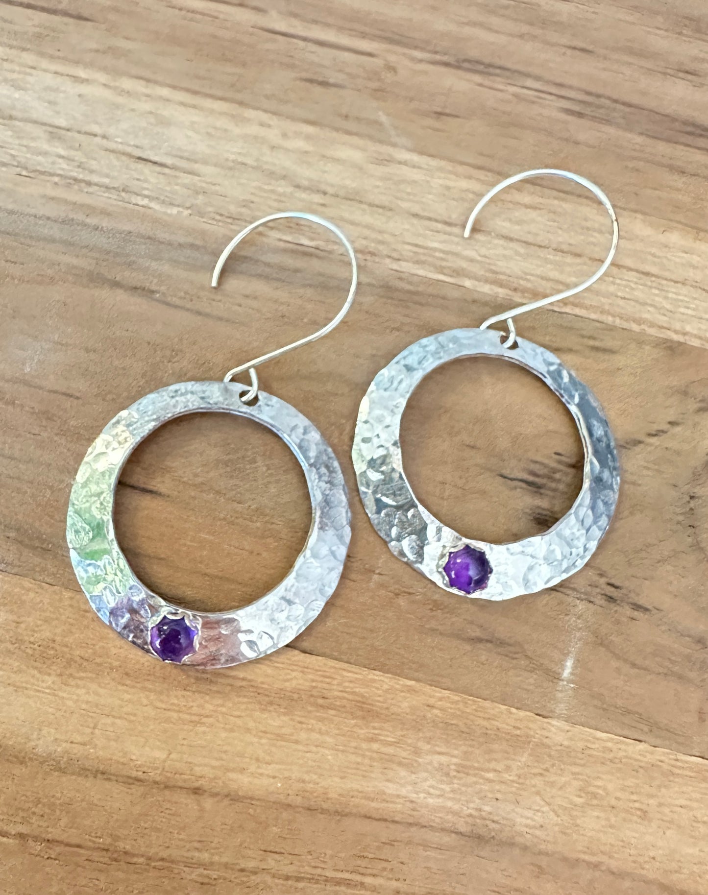 Hammered Circle Earrings with Amethyst Stone