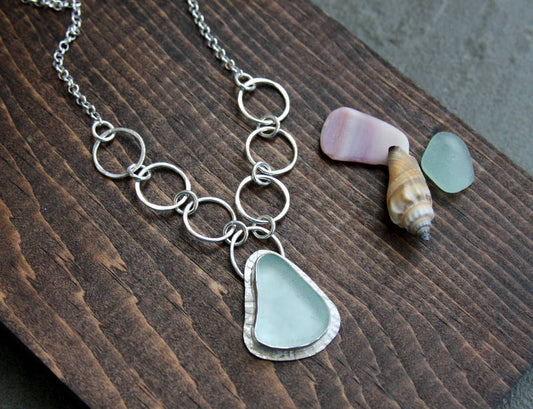 Sea glass necklace, sterling silver necklace, sea foam, sea glass jewelry, statement jewelry, beach jewelry,