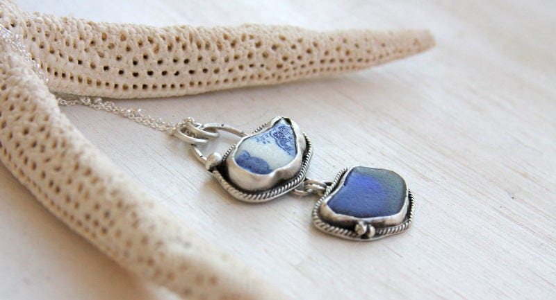 Sea glass and sea pottery necklace, sea glass necklace, sea pottery necklace, Cobalt, sea glass jewelry, sterling silver, beach jewelry