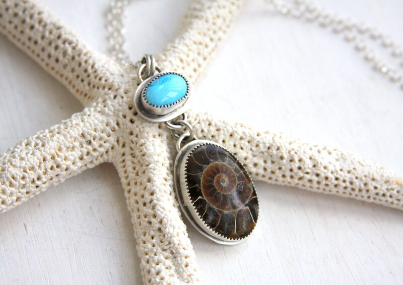 Ammonite and turquoise necklace, fossil necklace, turquoise necklace, ammonite jewelry, turquoise jewelry, statement necklace