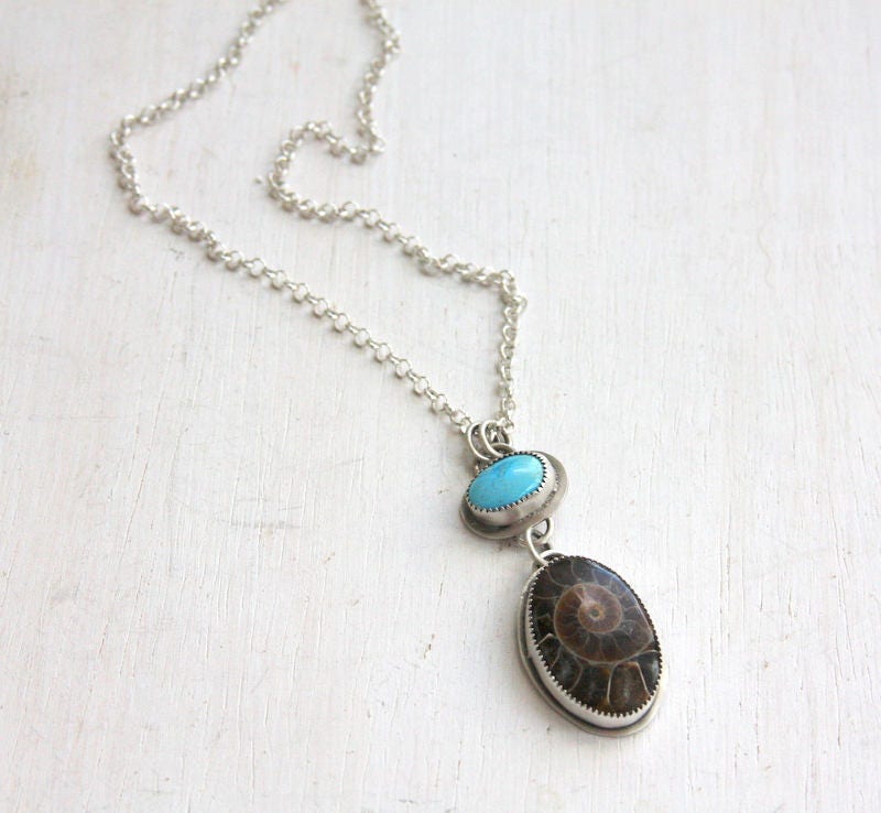 Ammonite and turquoise necklace, fossil necklace, turquoise necklace, ammonite jewelry, turquoise jewelry, statement necklace