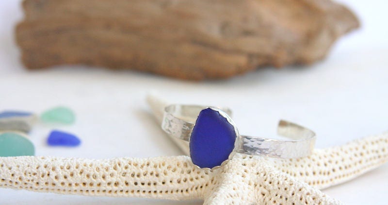 Sea glass cuff bracelet, sterling silver cuff bracelet, cuff bracelet, sea glass, cobalt sea glass cuff, everyday jewelry, beach jewelry