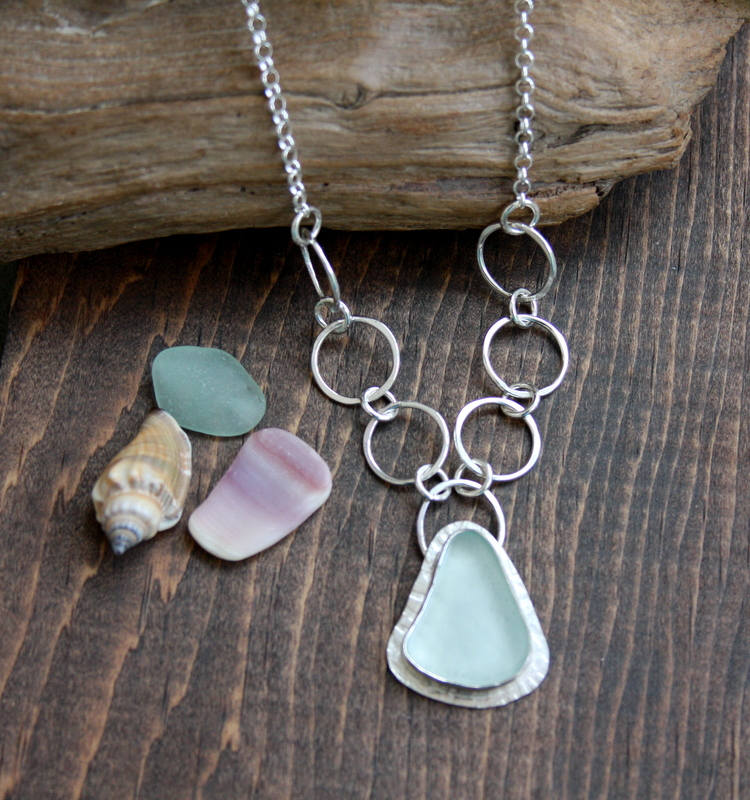 Sea glass necklace, sterling silver necklace, sea foam, sea glass jewelry, statement jewelry, beach jewelry,