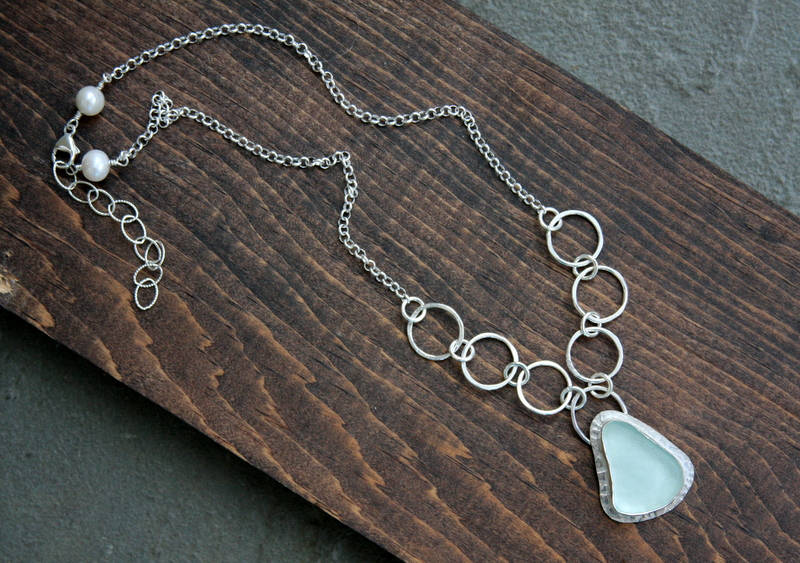 Sea glass necklace, sterling silver necklace, sea foam, sea glass jewelry, statement jewelry, beach jewelry,