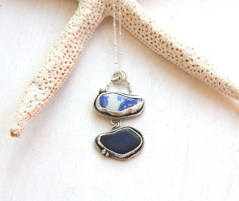 Sea glass and sea pottery necklace, sea glass necklace, sea pottery necklace, Cobalt, sea glass jewelry, sterling silver, beach jewelry