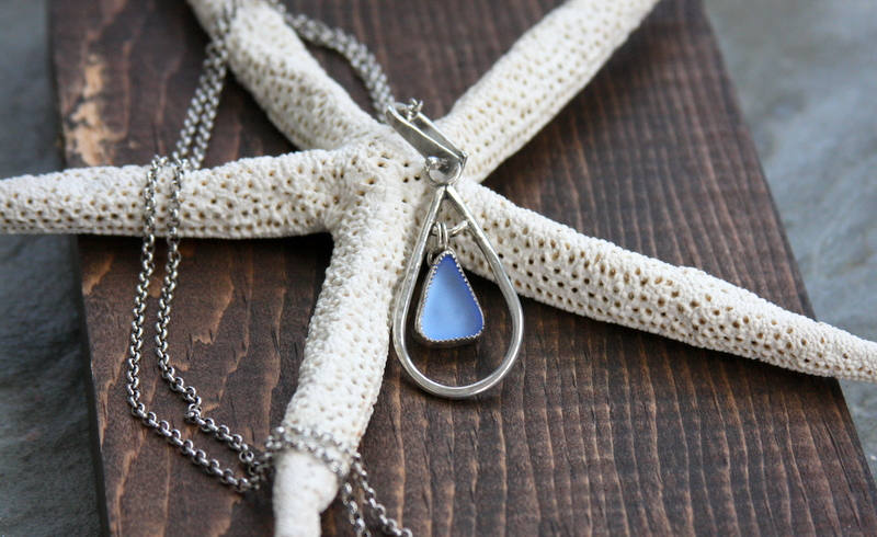 Sea glass necklace, long sea glass necklace, cornflower blue sea glass, sterling silver, long necklace, pendant necklace, sea glass pendant