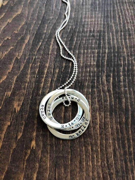 Russian ring necklace, 3 ring necklace, hand stamped, personalized, name necklace, sterling silver, Mom jewelry, Grand mom jewelry, gift