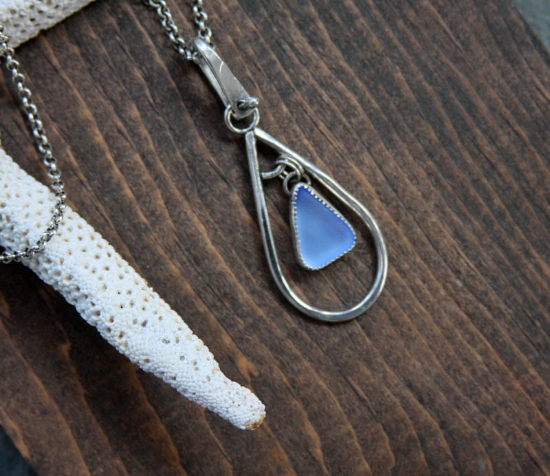 Sea glass necklace, long sea glass necklace, cornflower blue sea glass, sterling silver, long necklace, pendant necklace, sea glass pendant