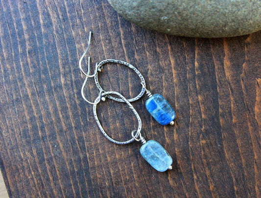 Kyanite earrings, sterling silver circle earrings, kyanite dangle earrings, blue stone earrings, artisan jewelry, everyday jewelry, rustic