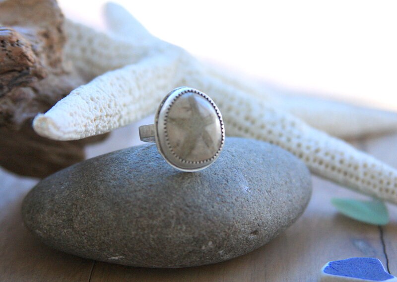 Sand dollar fossil ring, sterling silver ring, beach jewelry, artisan jewelry, statement ring