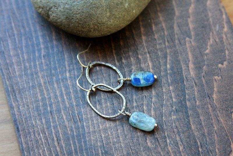 Kyanite earrings, sterling silver circle earrings, kyanite dangle earrings, blue stone earrings, artisan jewelry, everyday jewelry, rustic