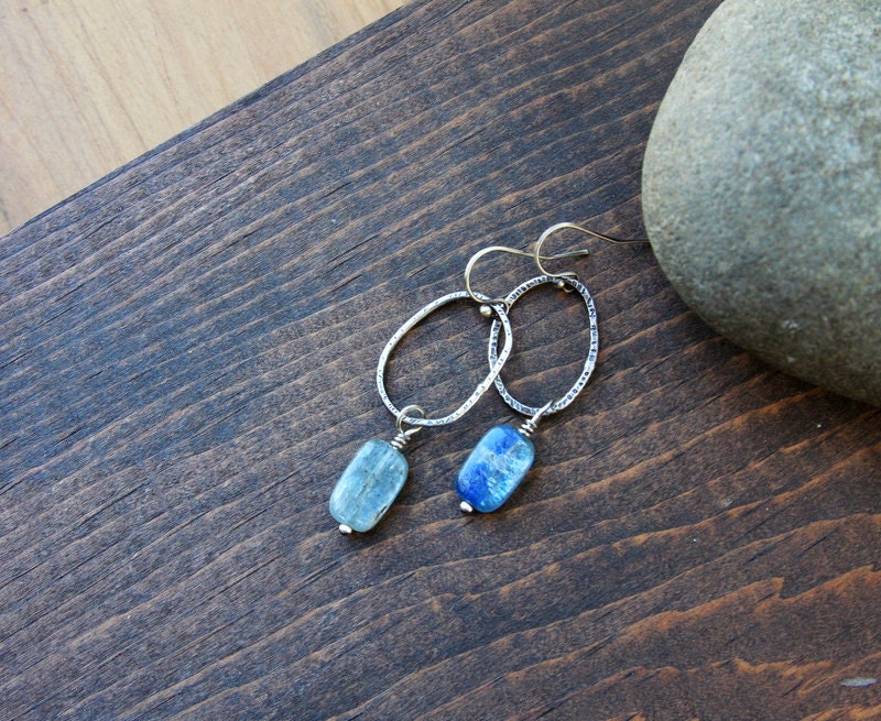 Kyanite earrings, sterling silver circle earrings, kyanite dangle earrings, blue stone earrings, artisan jewelry, everyday jewelry, rustic