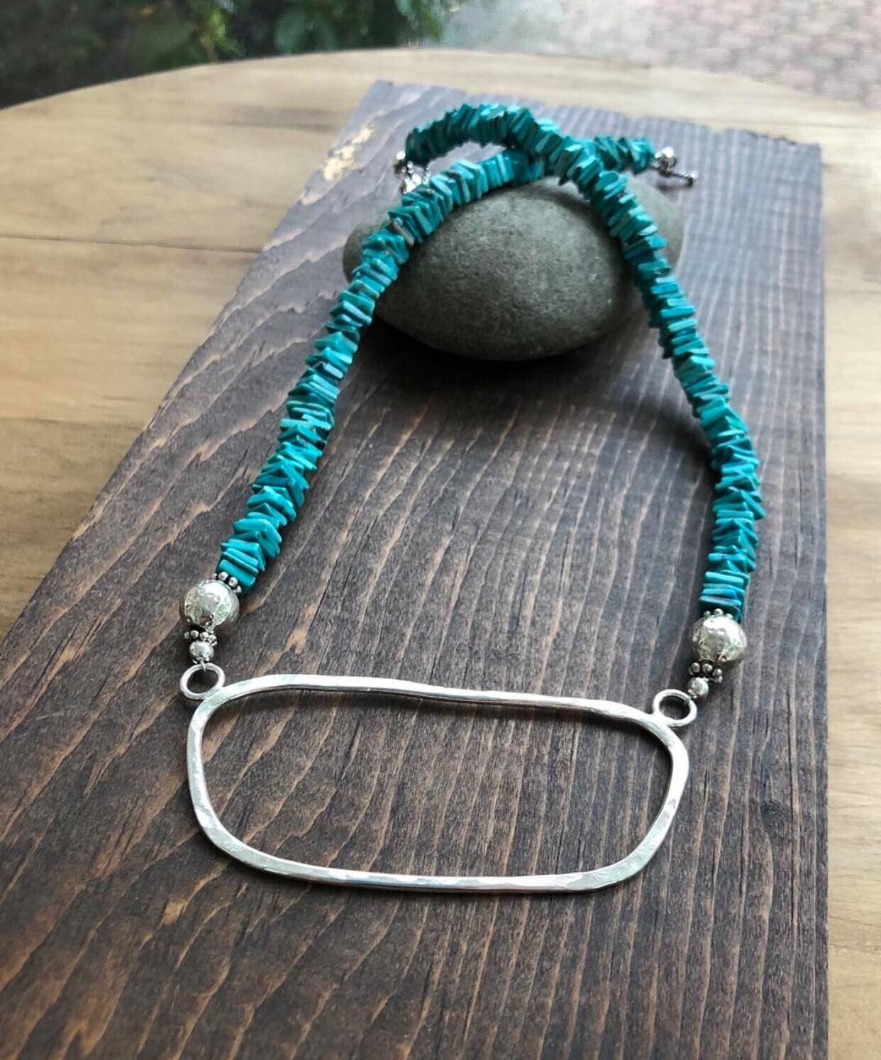 Turquoise stone necklace with sterling silver focal piece, Hammered silver, Turquoise necklace, Turquoise and silver necklace, Hand forged