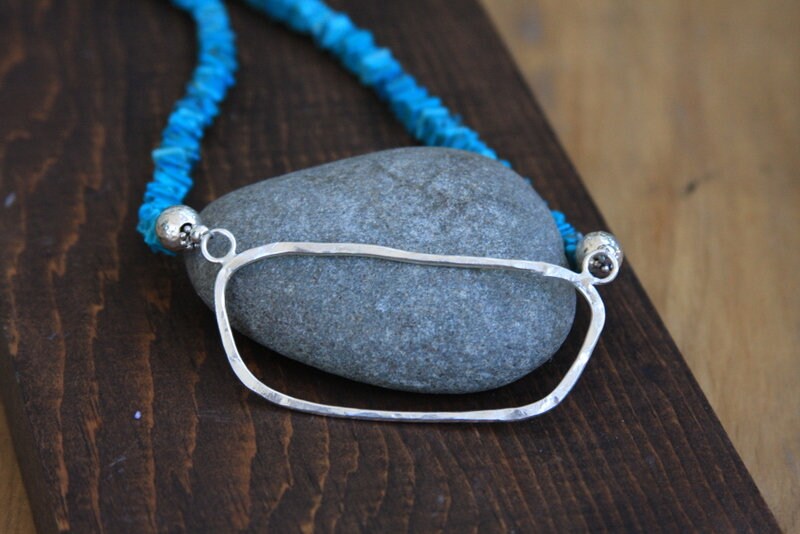 Turquoise stone necklace with sterling silver focal piece, Hammered silver, Turquoise necklace, Turquoise and silver necklace, Hand forged