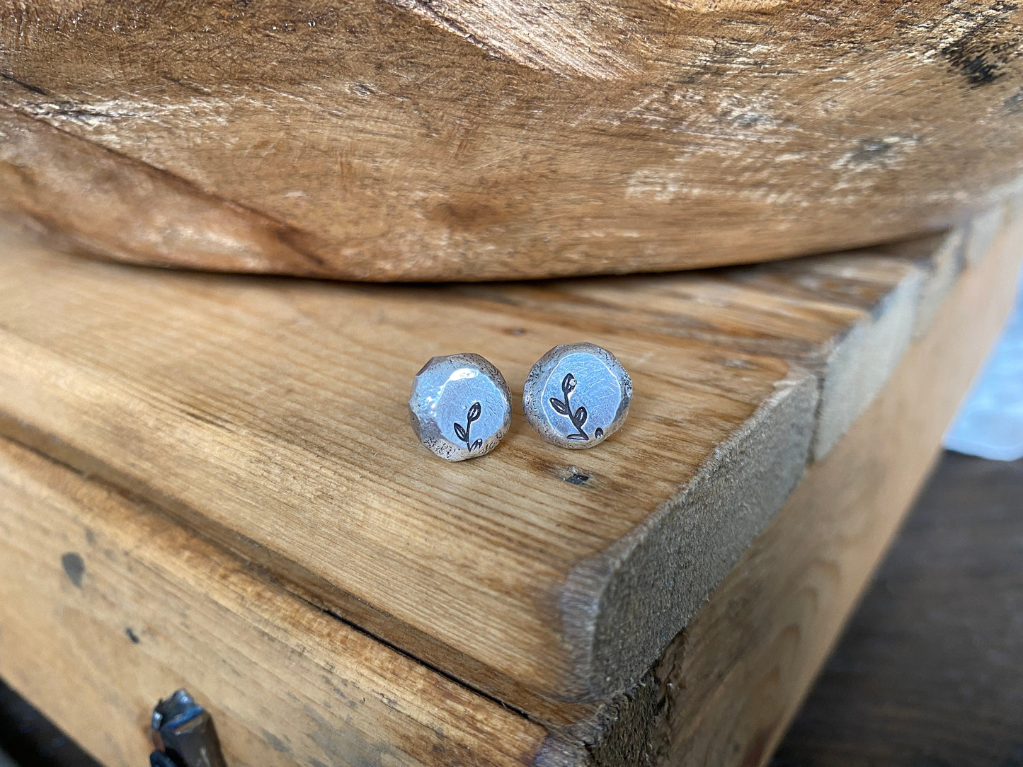 nugget earrings, recycled silver earrings, hand stamped earrings, sterling silver earring posts, nugget post earrings, horticulture earrings