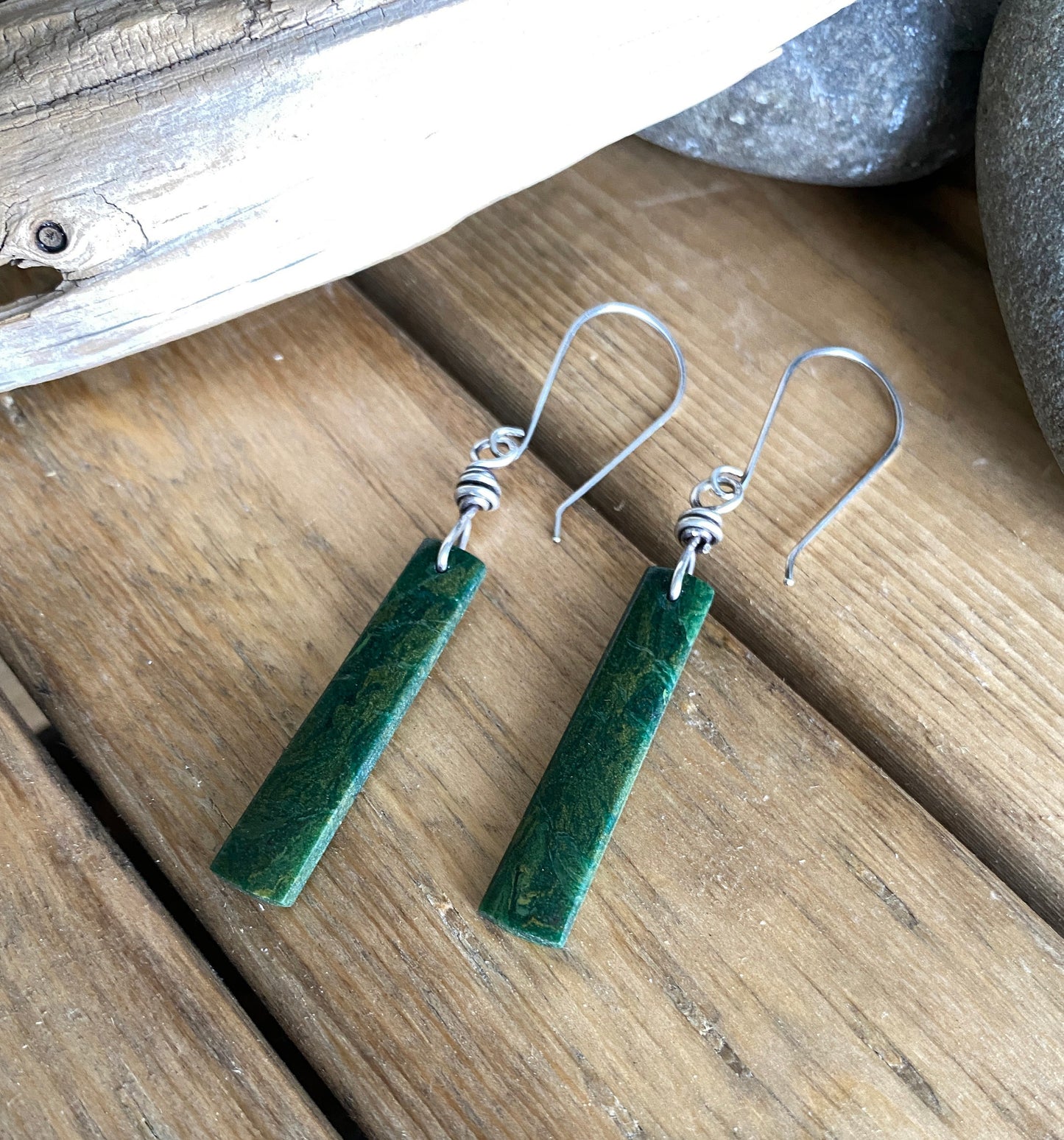 African green jade dangle earrings, jade stone earrings, green stone, jade earrings, sterling silver dangle earrings, rustic stone earrings