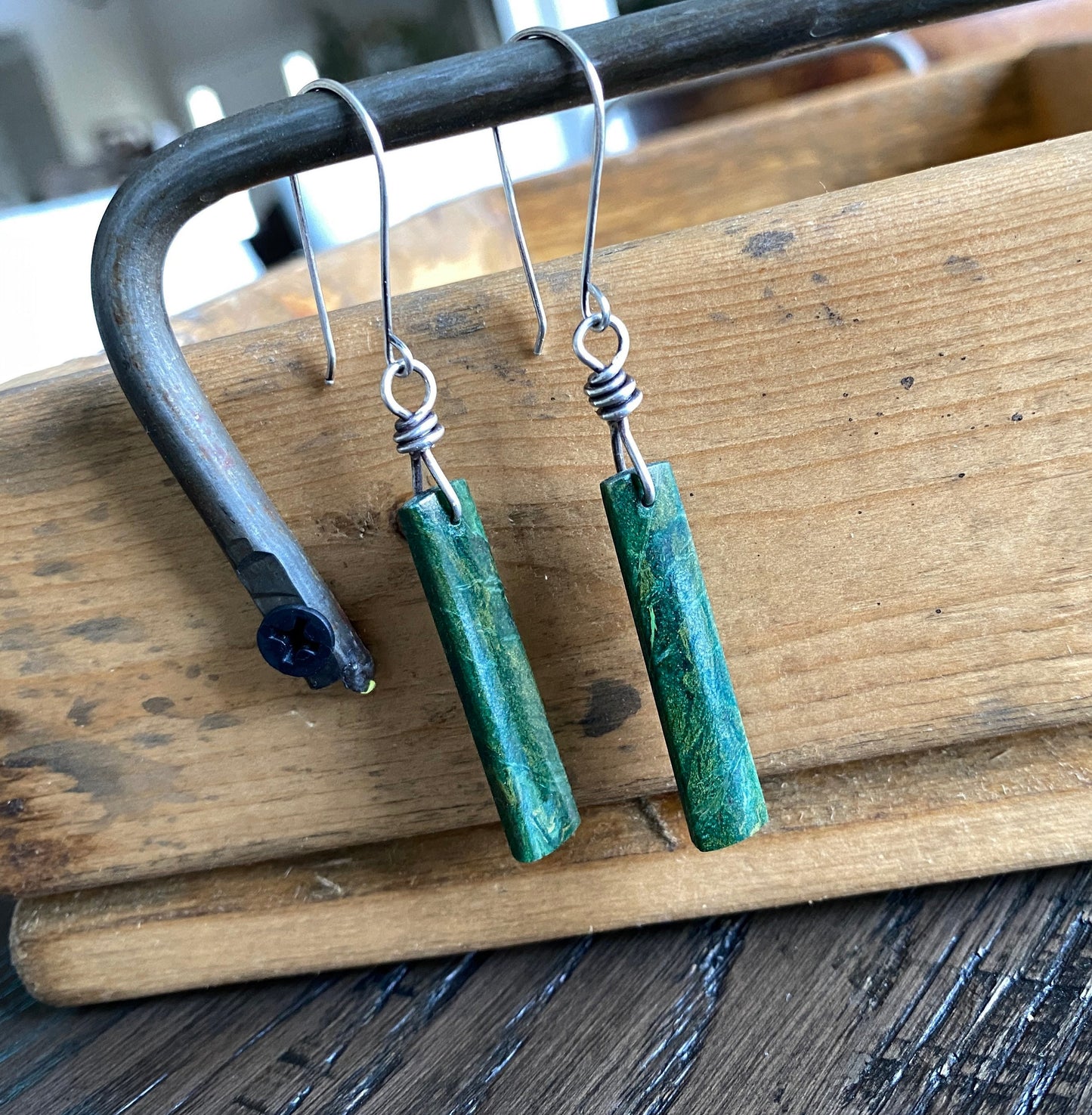 African green jade dangle earrings, jade stone earrings, green stone, jade earrings, sterling silver dangle earrings, rustic stone earrings