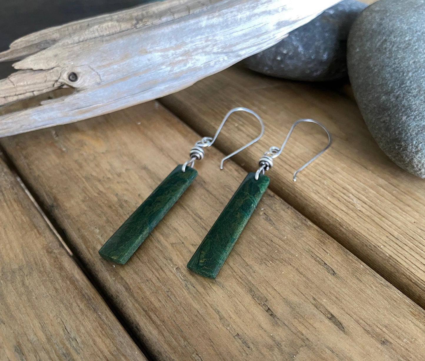 African green jade dangle earrings, jade stone earrings, green stone, jade earrings, sterling silver dangle earrings, rustic stone earrings