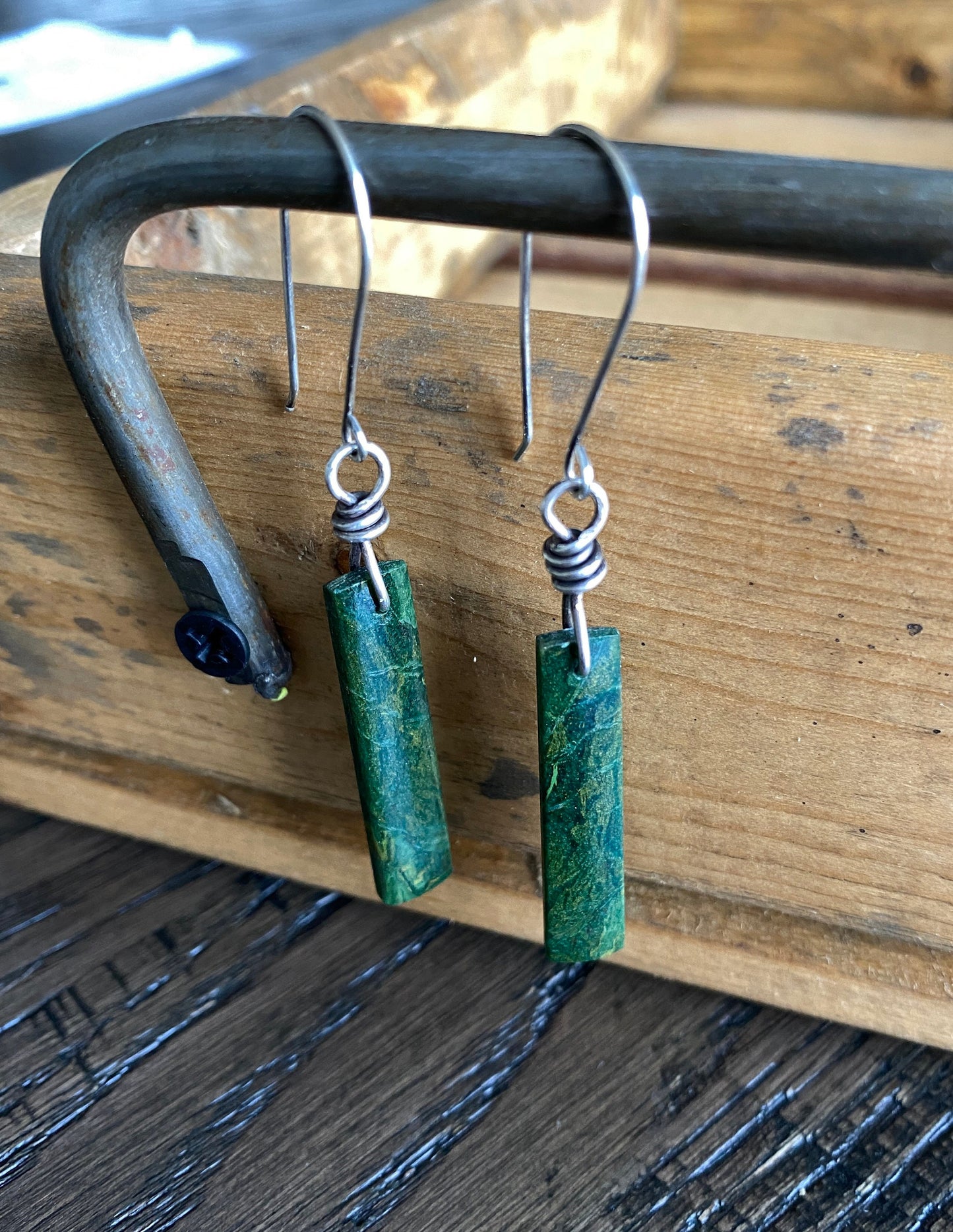 African green jade dangle earrings, jade stone earrings, green stone, jade earrings, sterling silver dangle earrings, rustic stone earrings