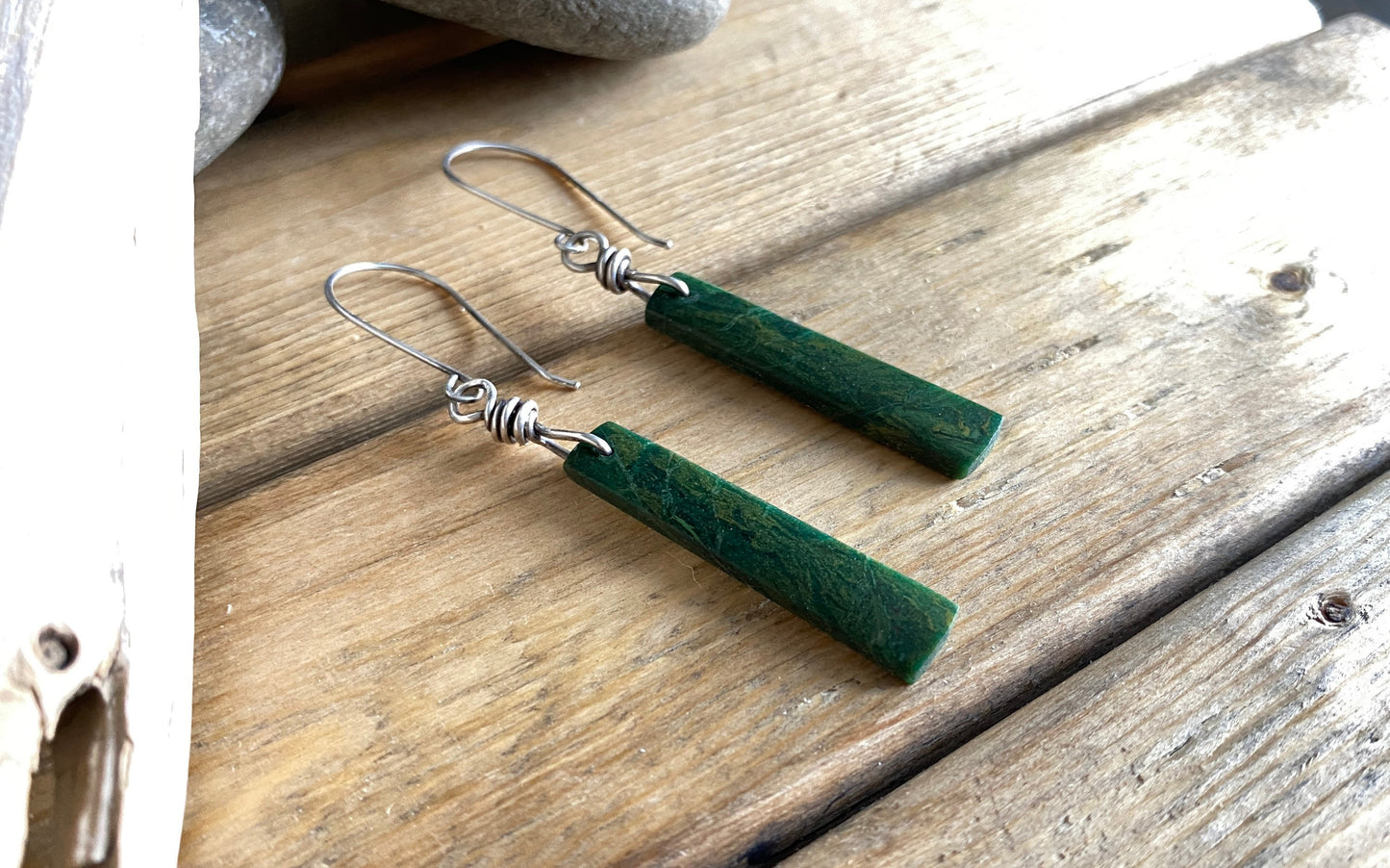 African green jade dangle earrings, jade stone earrings, green stone, jade earrings, sterling silver dangle earrings, rustic stone earrings