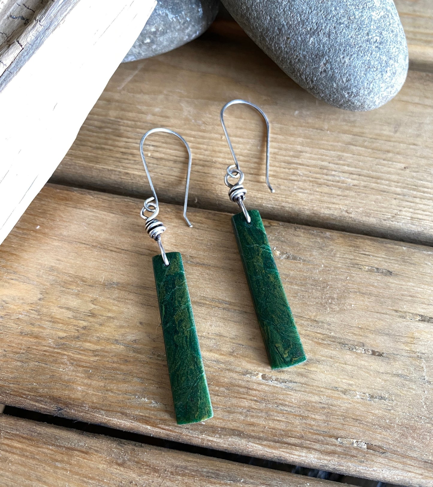 African green jade dangle earrings, jade stone earrings, green stone, jade earrings, sterling silver dangle earrings, rustic stone earrings