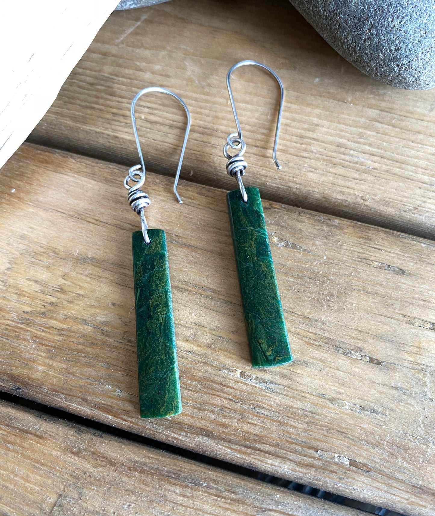 African green jade dangle earrings, jade stone earrings, green stone, jade earrings, sterling silver dangle earrings, rustic stone earrings