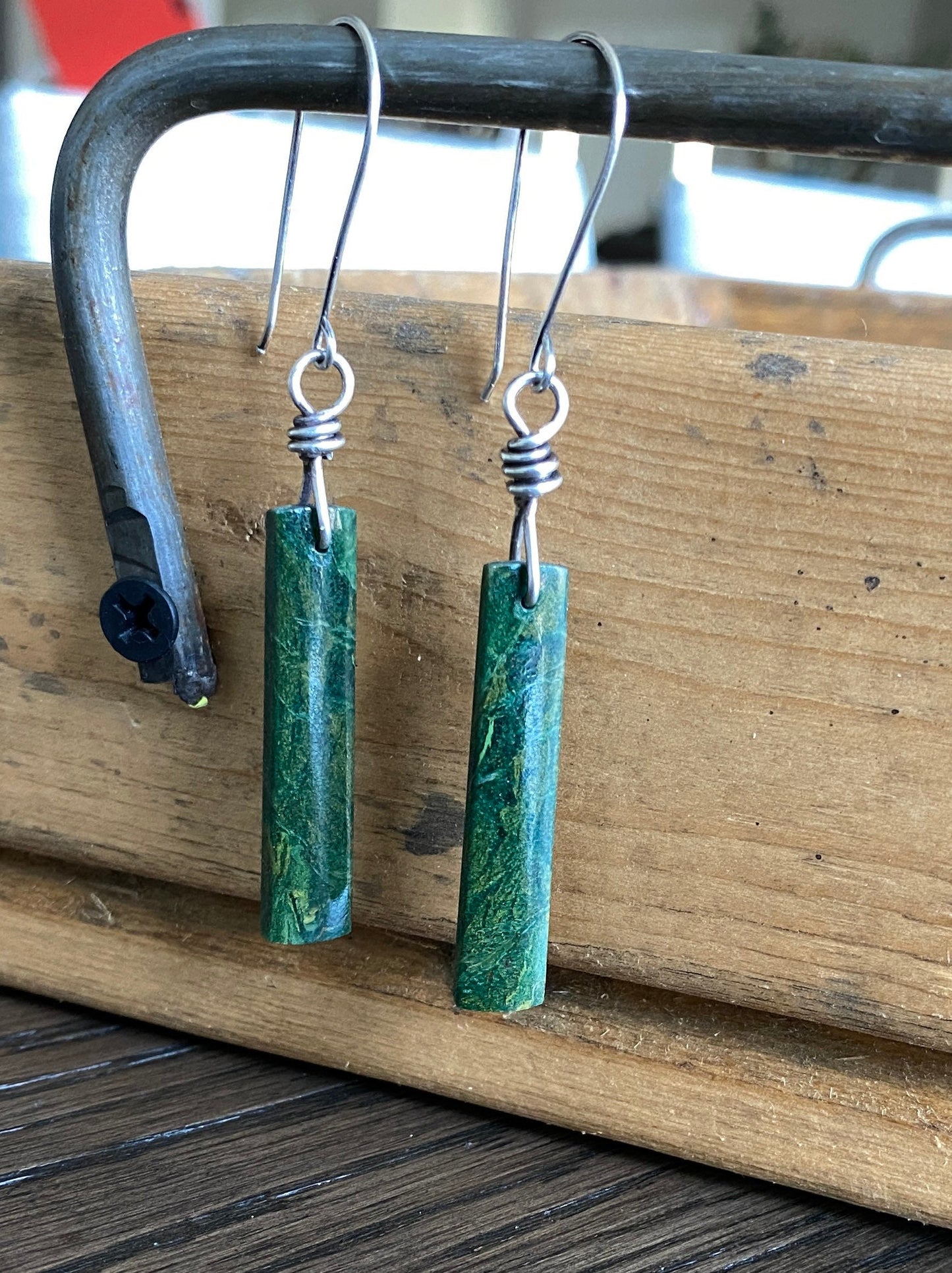 African green jade dangle earrings, jade stone earrings, green stone, jade earrings, sterling silver dangle earrings, rustic stone earrings