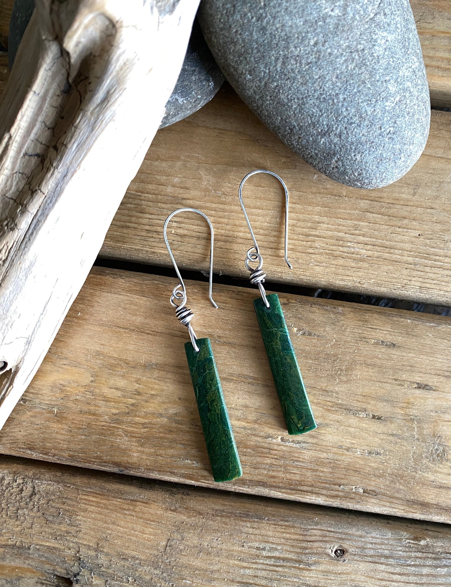 African green jade dangle earrings, jade stone earrings, green stone, jade earrings, sterling silver dangle earrings, rustic stone earrings