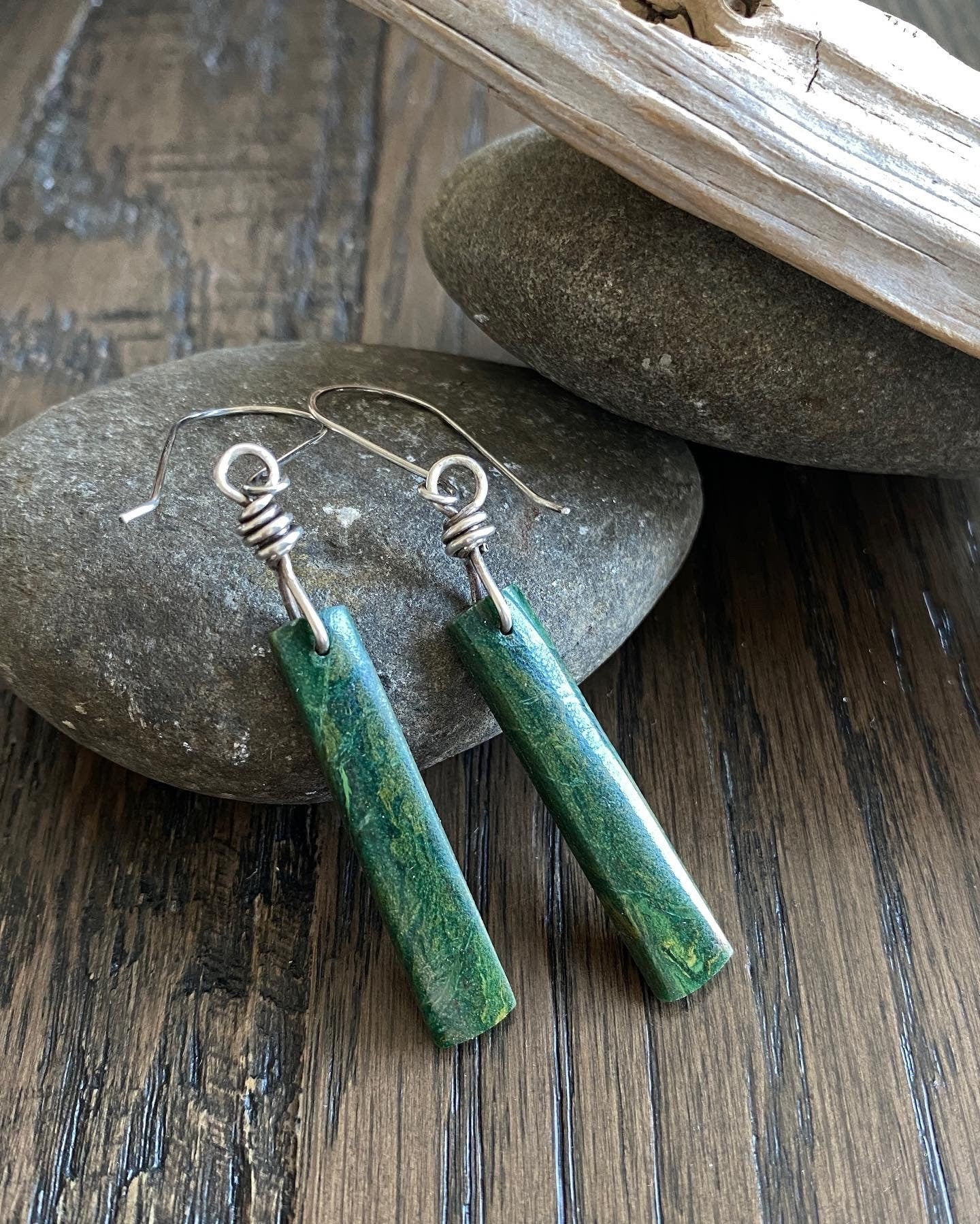 African green jade dangle earrings, jade stone earrings, green stone, jade earrings, sterling silver dangle earrings, rustic stone earrings