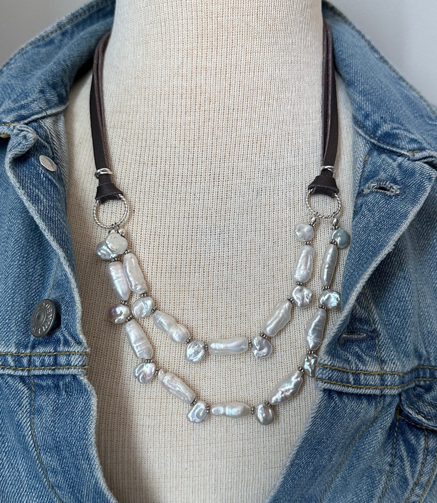 Keshi Pearl Leather and Silver Necklace