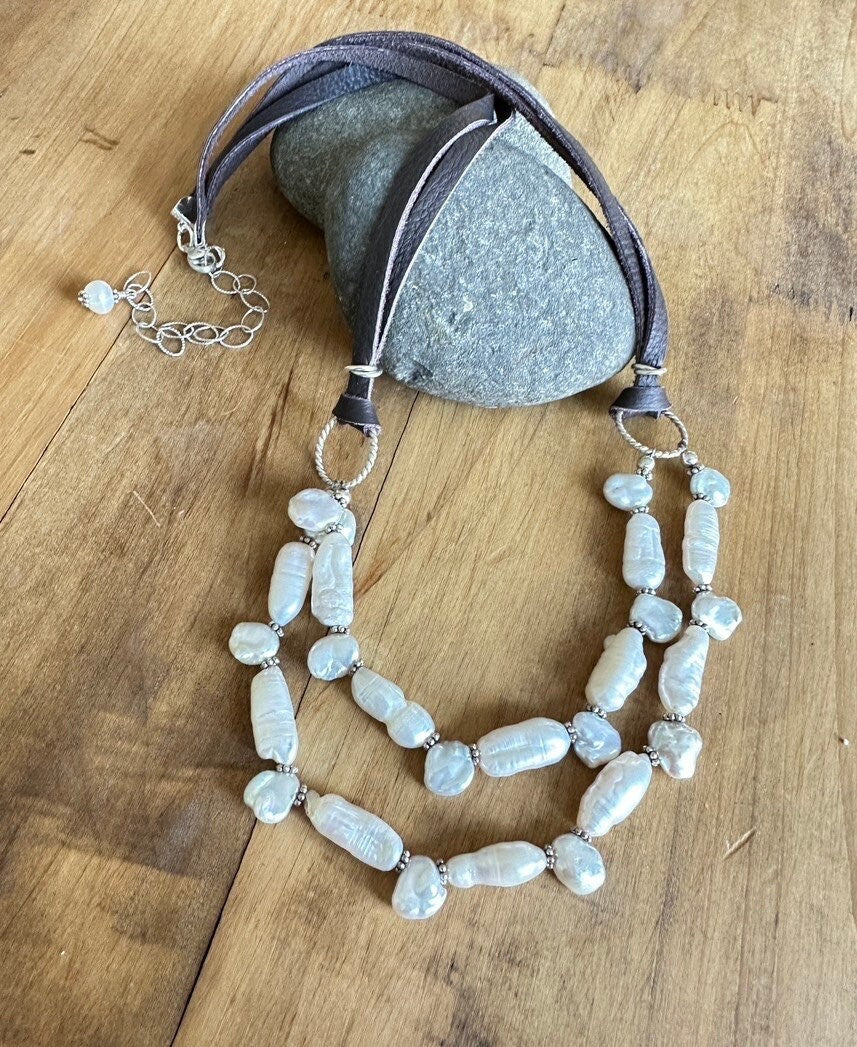 Keshi Pearl Leather and Silver Necklace