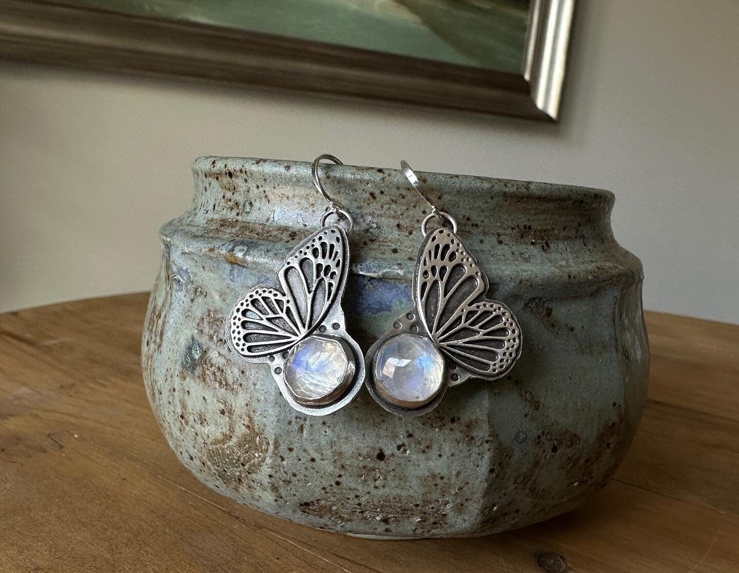 Butterfly earrings set with rainbow moonstone, sterling silver butterfly earrings, moonstone earrings, dangle butterfly earrings