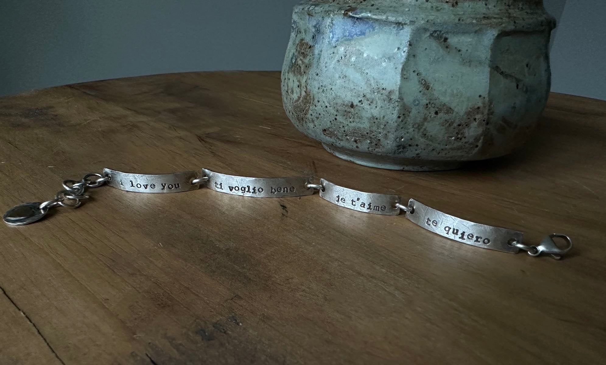 I Love You bracelet, te quiero, je t'aime, ti voglio bene, love, sterling silver retailer bracelet, link bracelet, heart bracelet, Valentine's Day