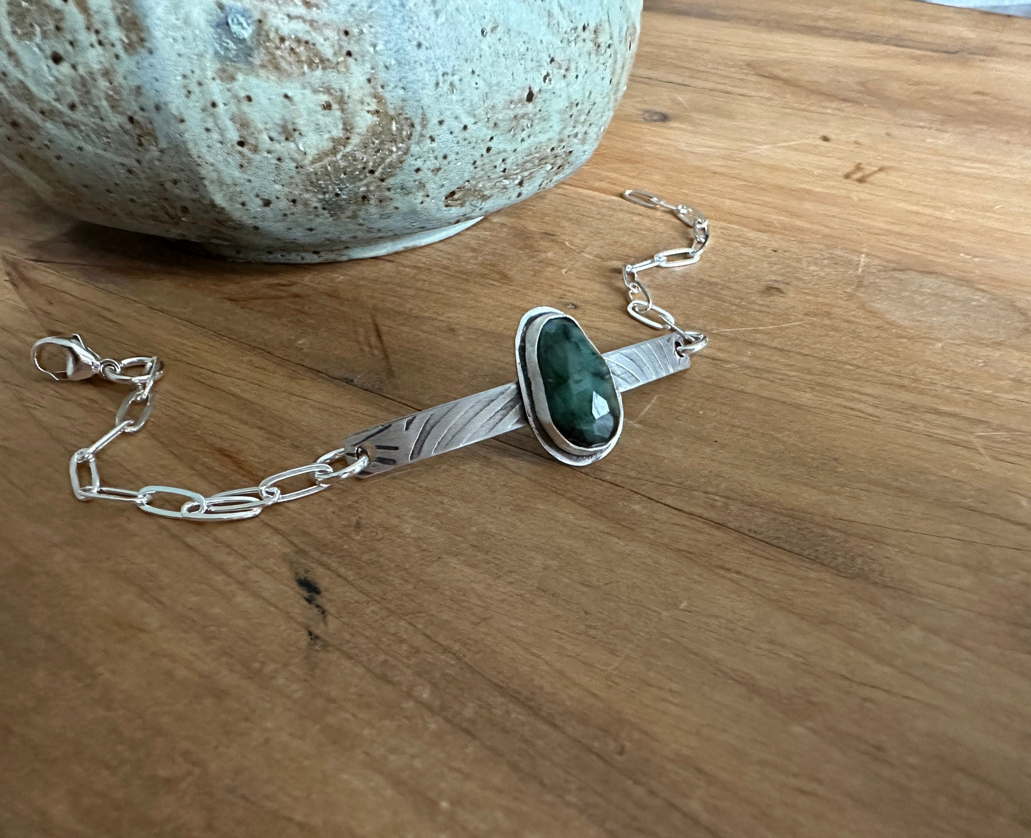 Emerald bracelet, sterling silver emerald bracelet, emerald link bracelet, sterling silver bracelet