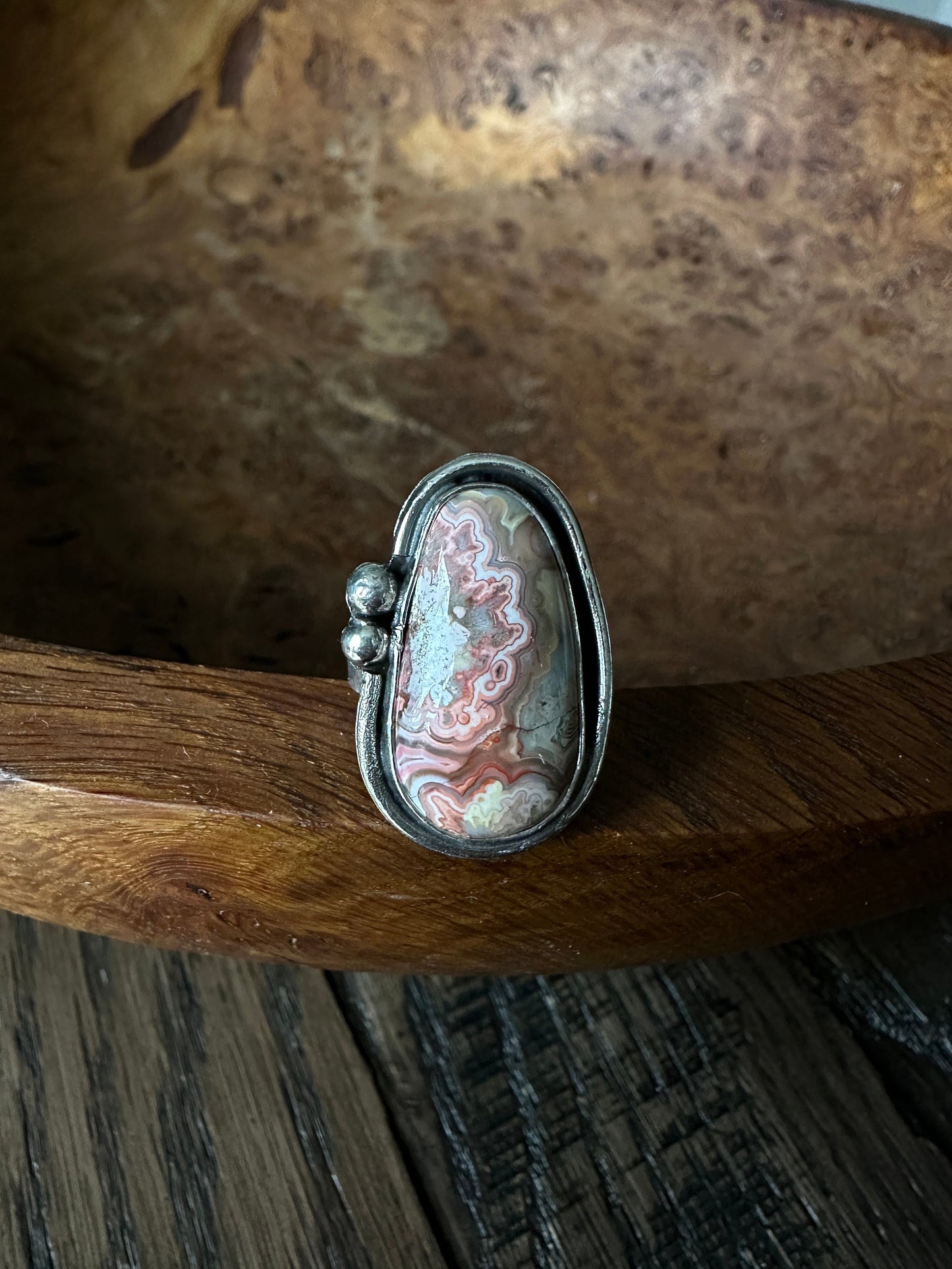 Crazy lace agate and sterling silver ring, ring, statement ring, rustic jewelry