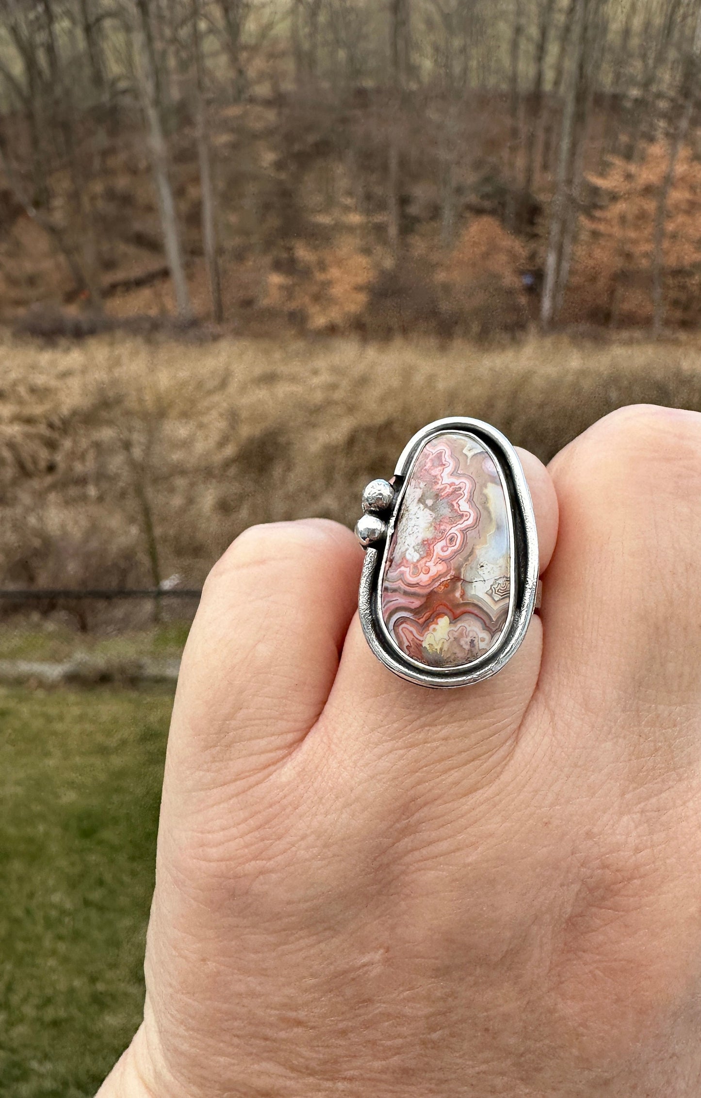 Crazy lace agate and sterling silver ring, ring, statement ring, rustic jewelry