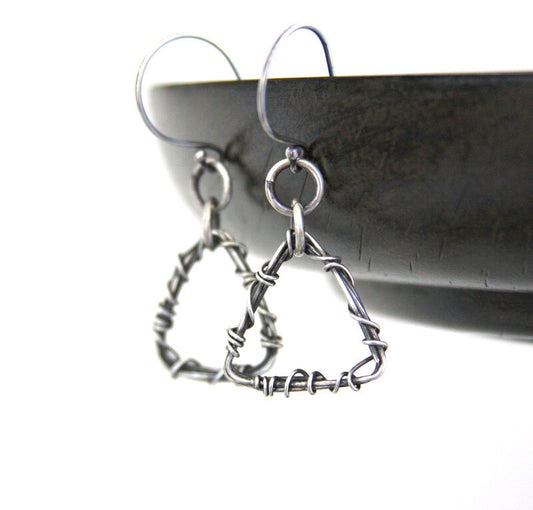 Sterling silver triangle earrings, wire wrapped earrings, triangle earrings, artisan earrings, artisan jewelry, everyday jewelry