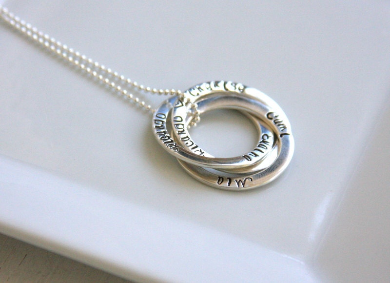 Russian ring necklace, 3 ring necklace, hand stamped, personalized, name necklace, sterling silver, Mom jewelry, Grand mom jewelry, gift