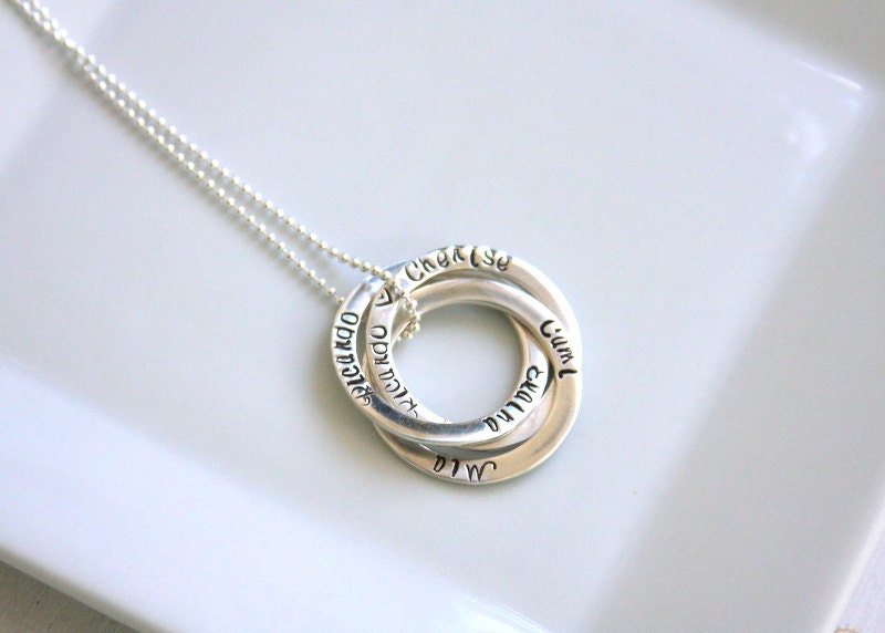 Russian ring necklace, 3 ring necklace, hand stamped, personalized, name necklace, sterling silver, Mom jewelry, Grand mom jewelry, gift