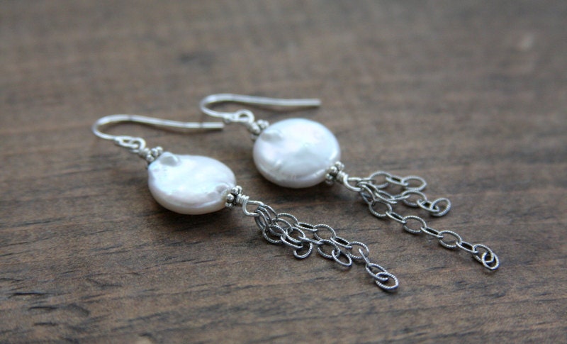 Coin pearl earrings, coin pearl earrings with chain dangles, sterling silver, freshwater pearl earrings, pearl earrings