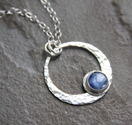 Kyanite pendant necklace, sterling silver necklace, bezel set, kyanite, gemstone necklace, necklace,  blue, hammered texture